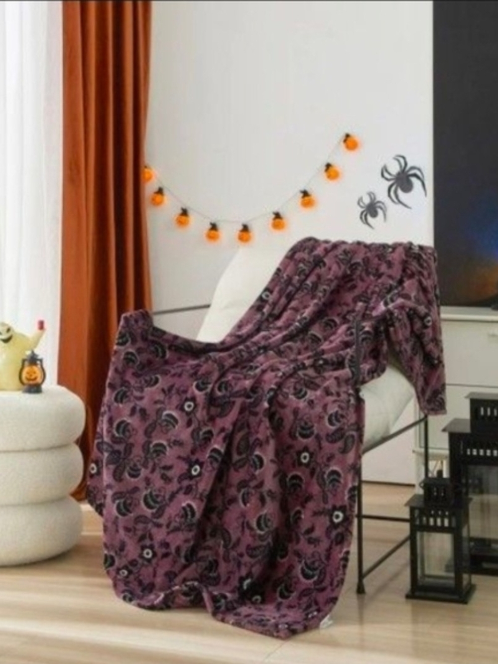 Plush Purple Halloween Throw Blanket with Black Spider Pattern